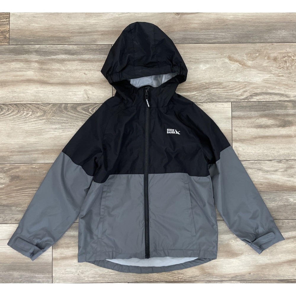 Eddie Bauer Youth Kids Rain Windbreaker Jacket Black/Gray, Hooded, Size S/7/8